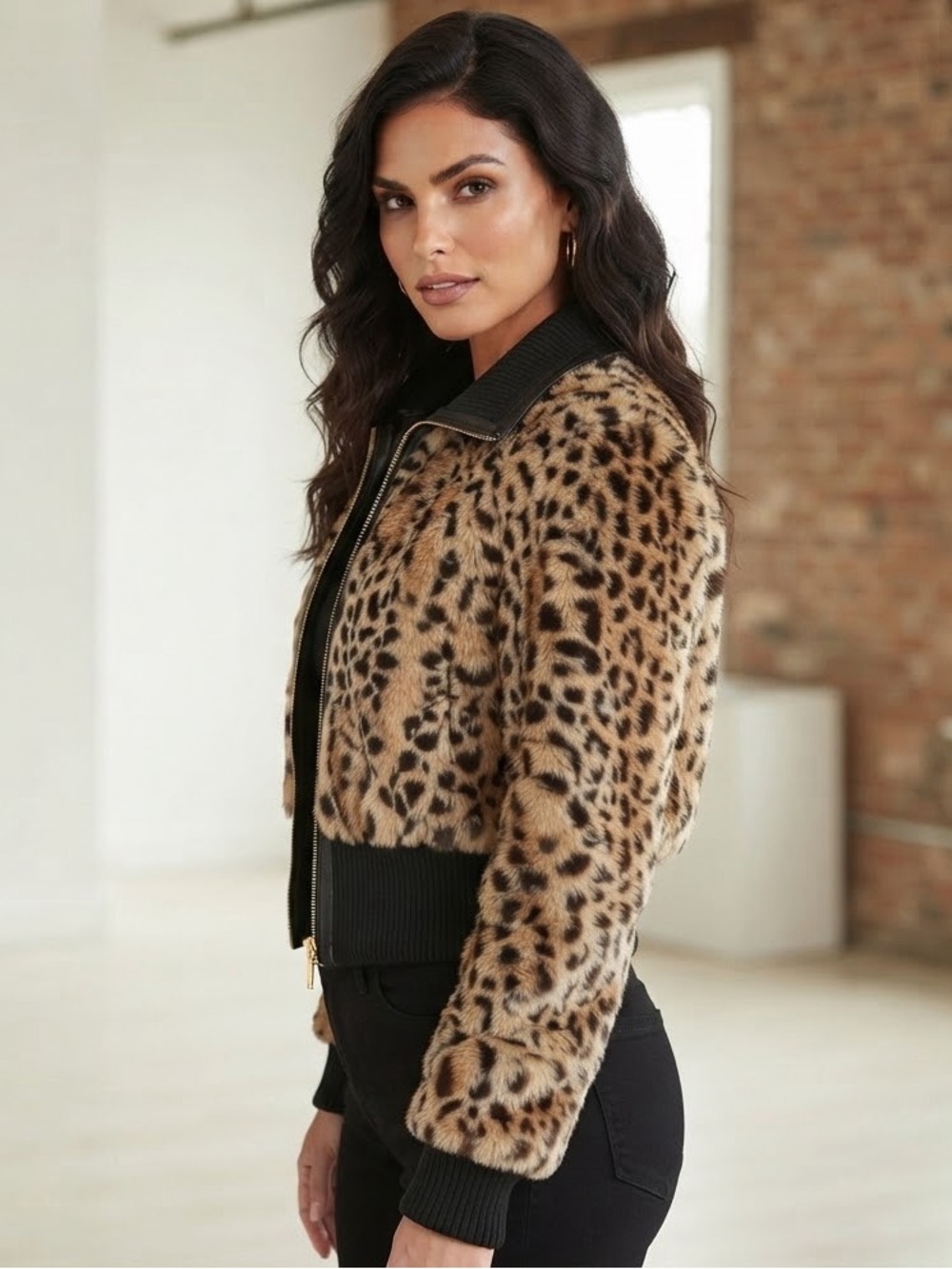 GUESS Leopard Faux Fur Bomber Jacket Y2K Zip-Up Wool Hem Medium
